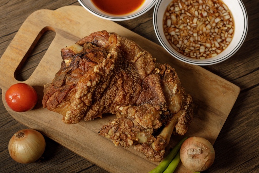 Filipino crispy pata, deep-fried crispy pork leg