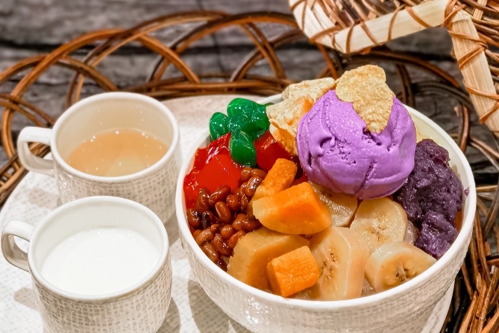 Filipino halo-halo shaved ice dessert with mixed toppings